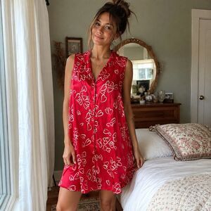 Vintage Jones New York Nightgown Large Red Satin Heart Print Sleeveless Y2K